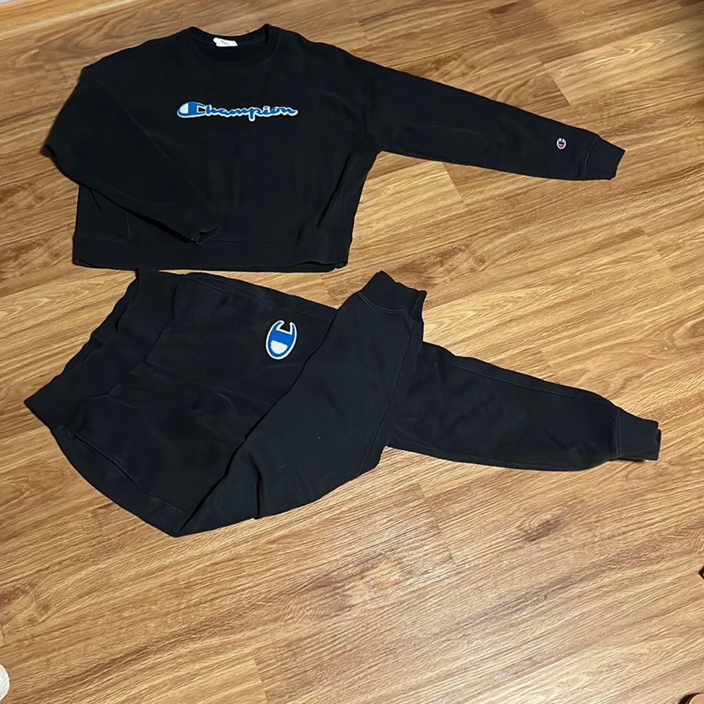 Blue and black champion sweatshirt and sweatpants set